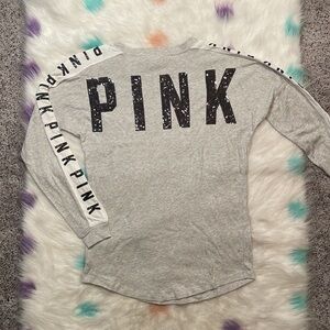 PINK Victoria’s Secret Sequins Gray Long‎ Sleeve Woman’s Oversized Shirt Size XS